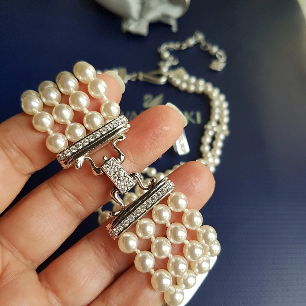 AUTHENTIC Swarovski Crystal Pearl Choker Necklace Tennis Bracelet Earrings SET - Picture 8 of 16